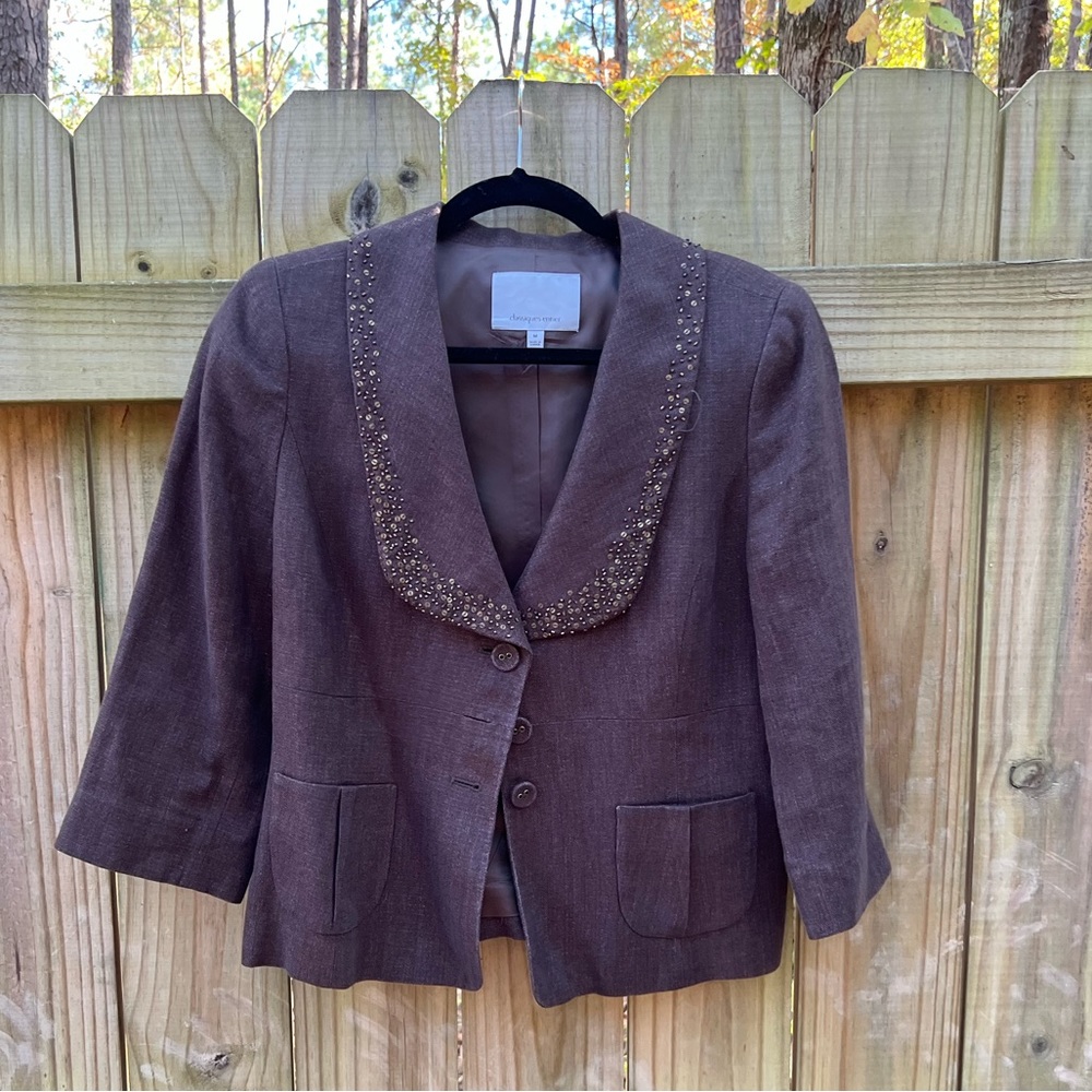 Classiques Entier Brown 3/4 sleeve Jeweled Lapel Blazer Jacket Medium